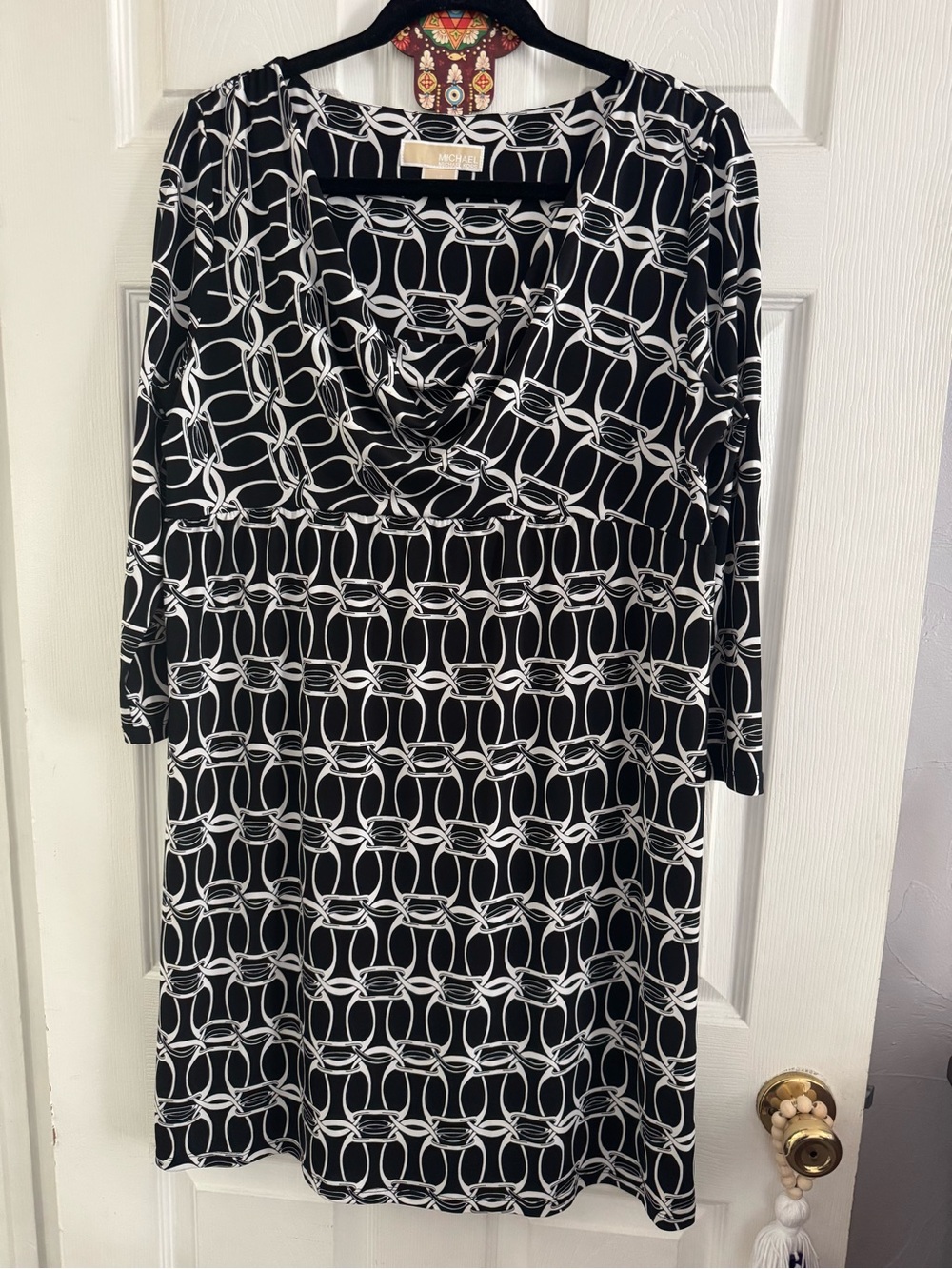 Michael Kors Black & White Geometric Cowl Neck Long Sleeve Dress